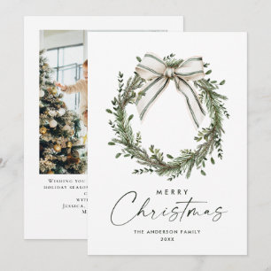 Neutral Minimalist Boho Christmas Wreath Photo Holiday Card