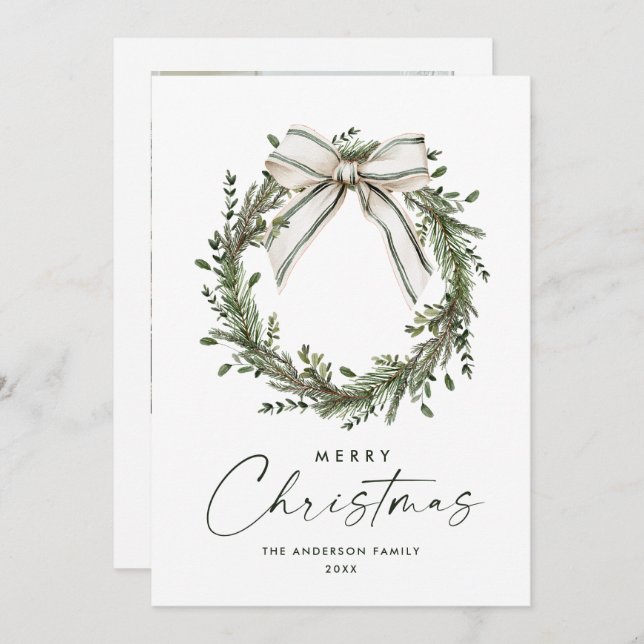 Neutral Minimalist Boho Christmas Wreath Photo Holiday Card (Front/Back)