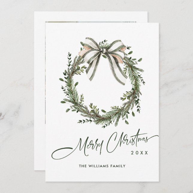 Neutral Minimalist Boho Christmas Wreath Photo Holiday Card (Front/Back)