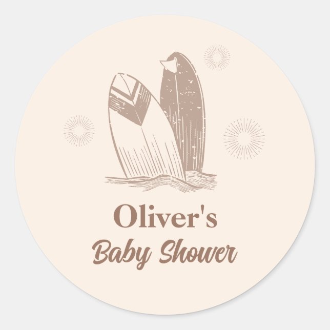 Neutral Minimalist Boho Surfboard Baby Shower  Classic Round Sticker (Front)