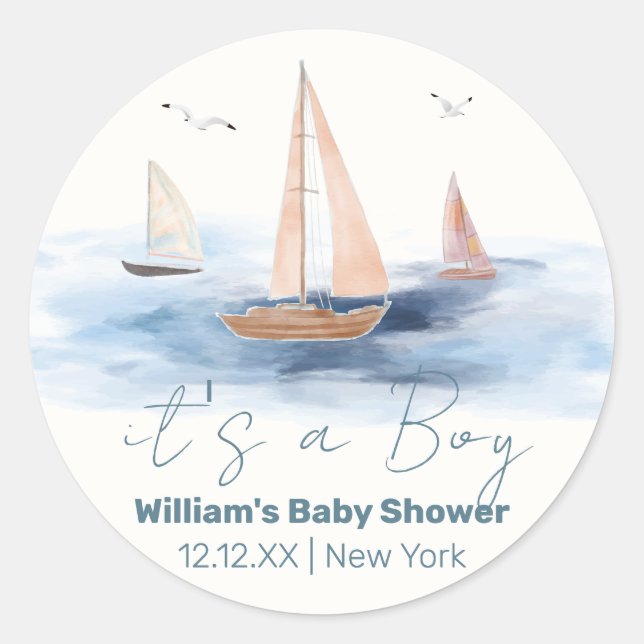 Neutral Minimalist Nautical Sailboat Baby Shower Classic Round Sticker (Front)