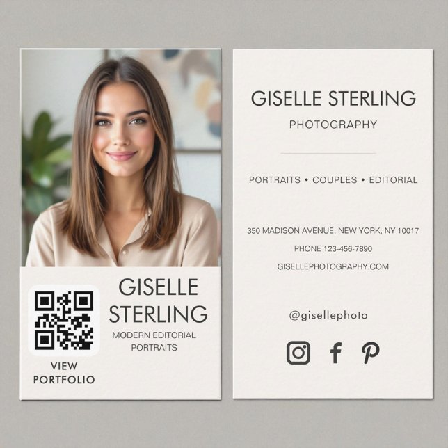 Neutral Minimalist Photographer Photo QR Code  Business Card (Creator Uploaded)