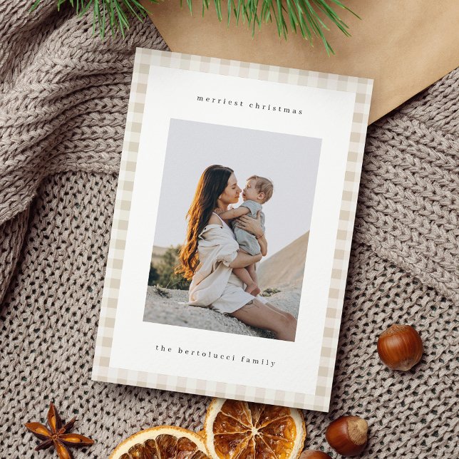 Neutral Minimalist Plaid Single Photo Holiday Card (Creator Uploaded)