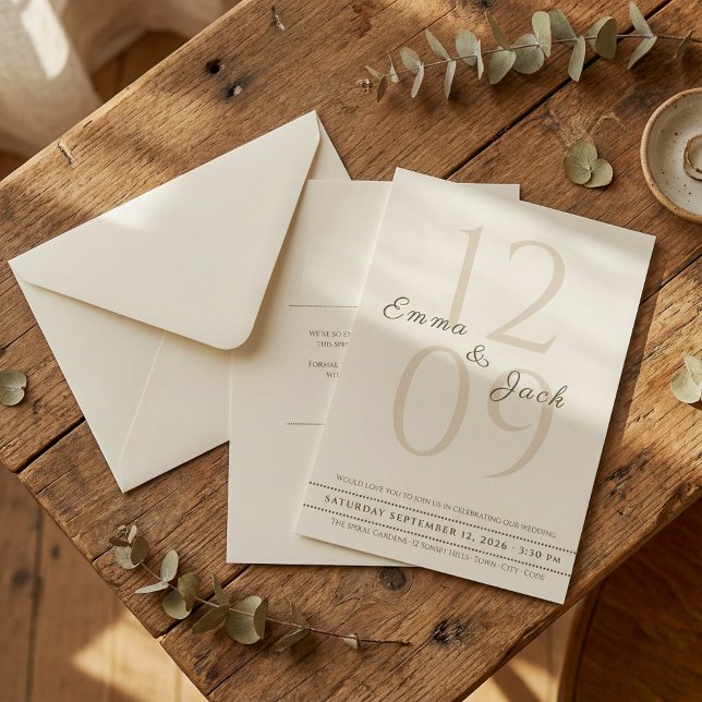 Neutral Minimalist Script Names & Big Date wedding Invitation (Neutral Minimalist Script Names & Big Date wedding Invitation.)