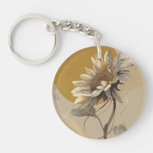 Neutral Minimalist Sunflower Outline Key Ring