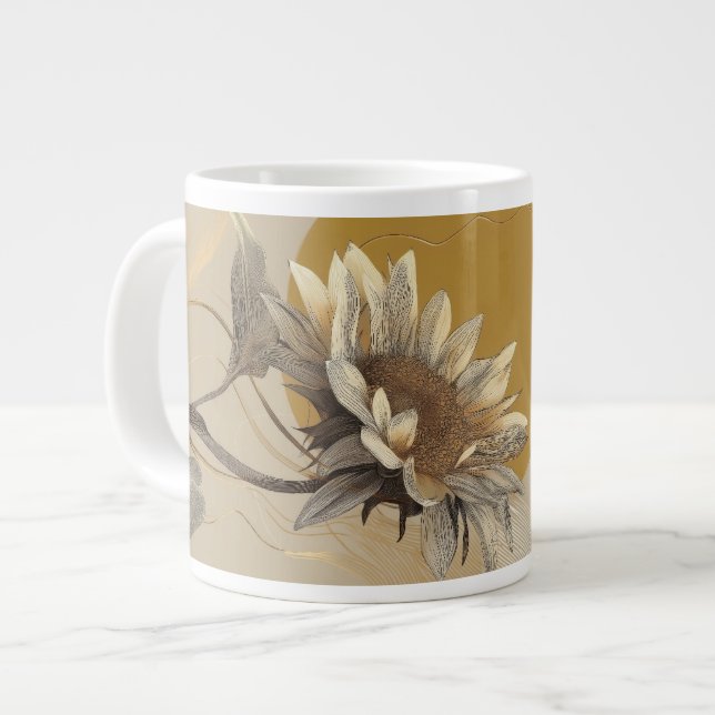 Neutral Minimalist Sunflower Outline Large Coffee Mug (Front Left)