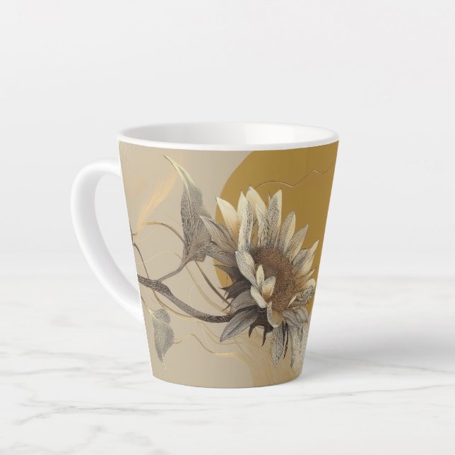 Neutral Minimalist Sunflower Outline Latte Mug (Left Angle)