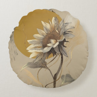 Neutral Minimalist Sunflower Outline Round Cushion