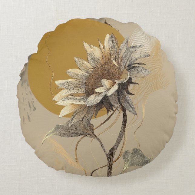 Neutral Minimalist Sunflower Outline Round Cushion (Front)