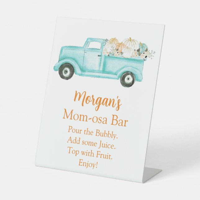 Neutral Mint Pumpkin Baby Shower Momosa Bar Pedestal Sign (Front)