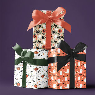 Neutral Mixed Halloween Patterns Ghost Pumpkins Wrapping Paper Sheet