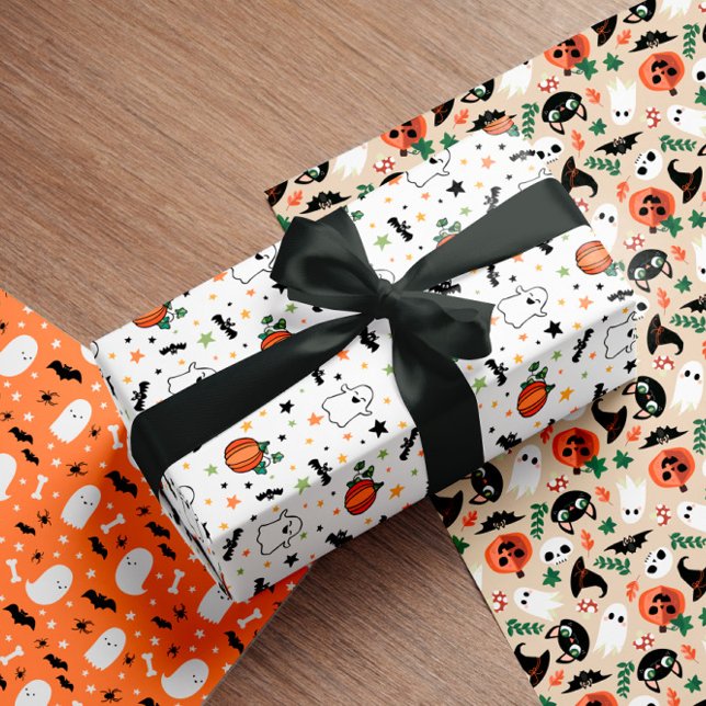 Neutral Mixed Halloween Patterns Ghost Pumpkins Wrapping Paper Sheet (Creator Uploaded)