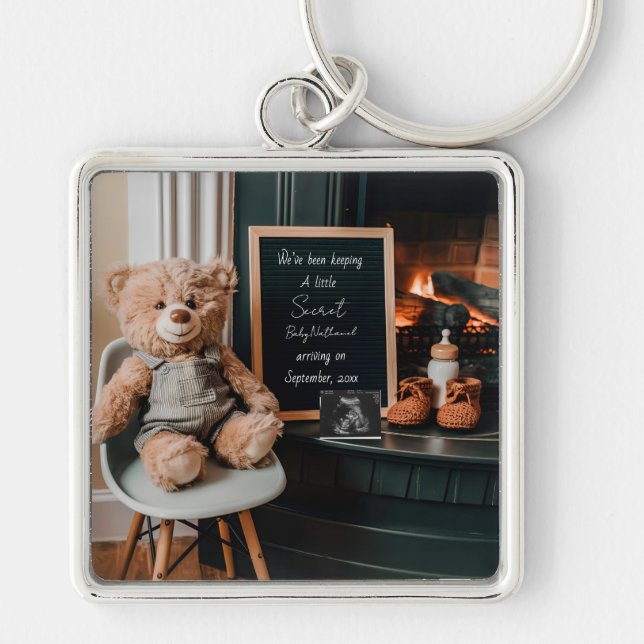 Neutral modern minimal pregnancy announcement gift key ring (Front)
