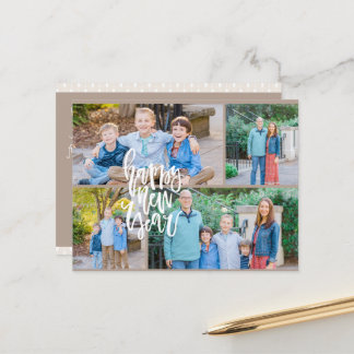 Neutral Modern Minimalist Four-Photo New Years Holiday Postcard
