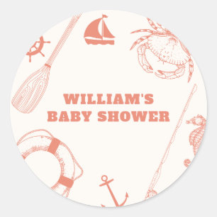 Neutral Modern Nautical Fishing Boy Baby Shower  Classic Round Sticker
