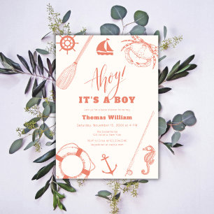 Neutral Modern Nautical Fishing Boy Baby Shower  Invitation