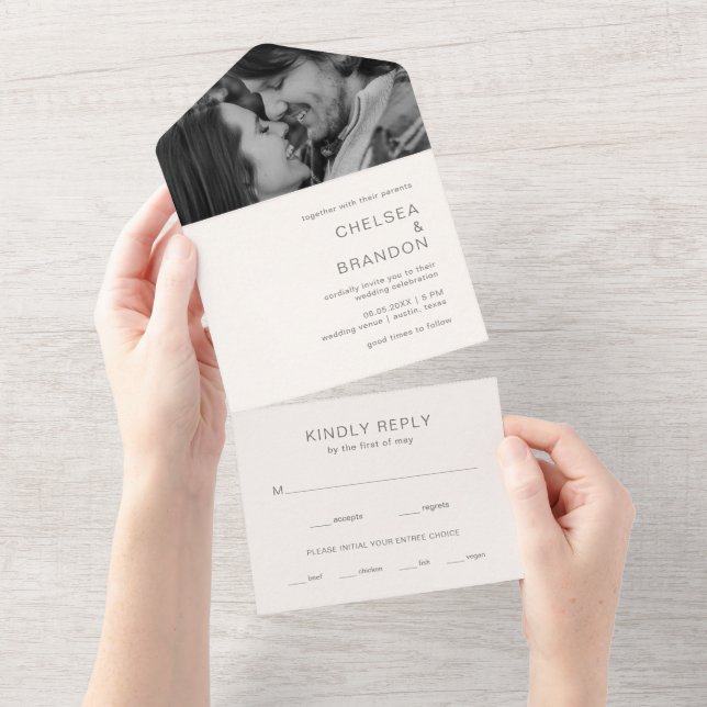 Neutral Monogram Photo Modern Wedding All In One Invitation (Tearaway)