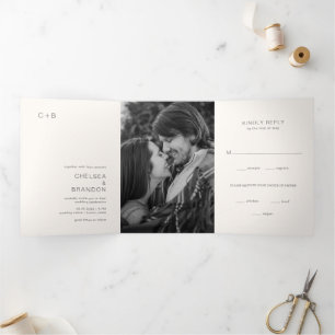 Neutral Monogram Photo Modern Wedding Tri-Fold Invitation