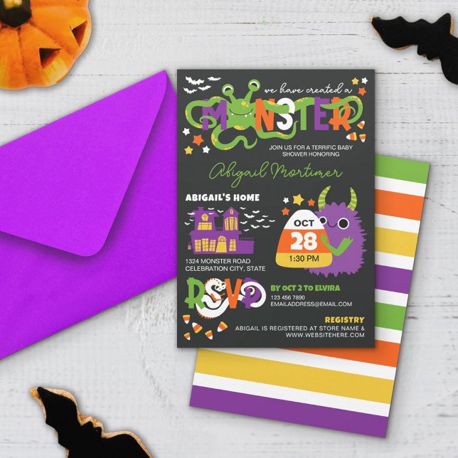 Neutral Monster Typography Halloween Baby Shower Invitation (Creator Uploaded)