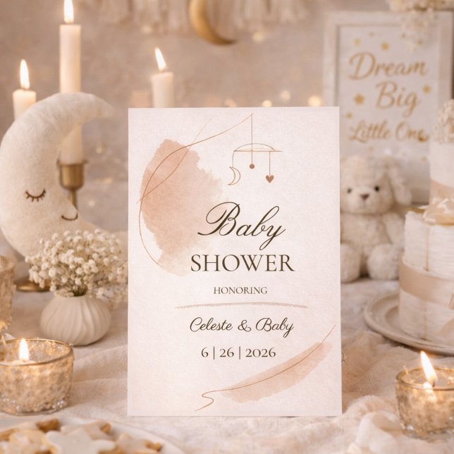 Neutral Moon Dreamscape Baby Shower Invitation (Celestial nursery themed baby shower layout with moon mobile and soft taupe brush accents)