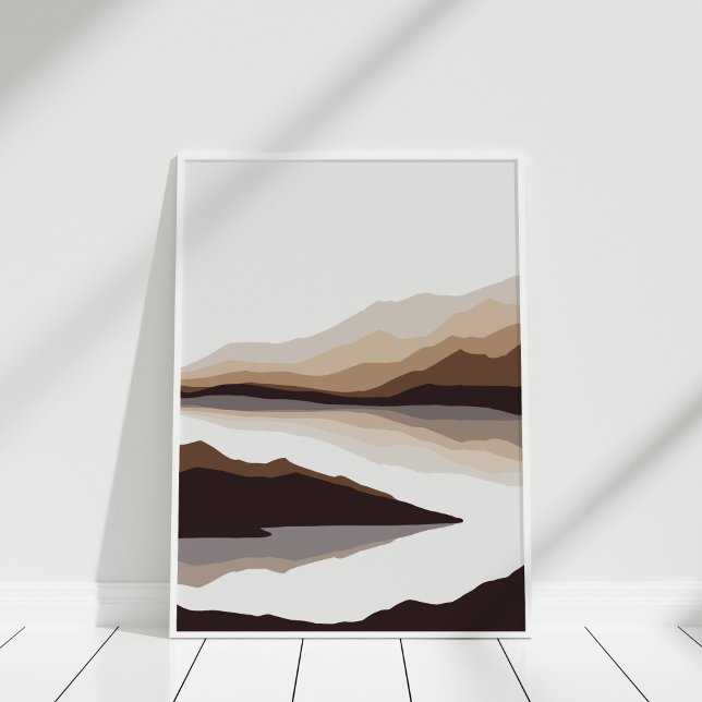 Neutral Mountain River Abstract Landscape Wall Art (Neutral Abstract Mountain and River Wall Art in white frame agianst white wall.)