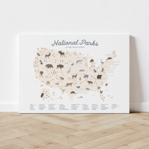 Neutral National Parks Map Woodland Nursery Canvas Print