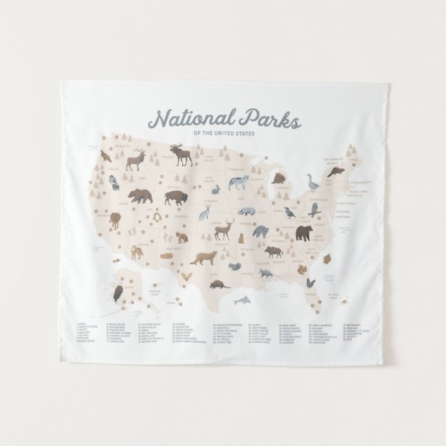 Neutral National Parks Map Woodland Nursery Decor Tapestry (Front (Horizontal))