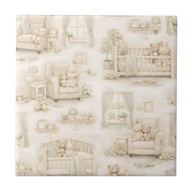 Neutral Nursery Teddy Bear Room Beige Pattern Tile (Front)