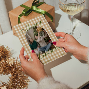 Neutral Old Money Gingham Arched Photo Christmas Holiday Card
