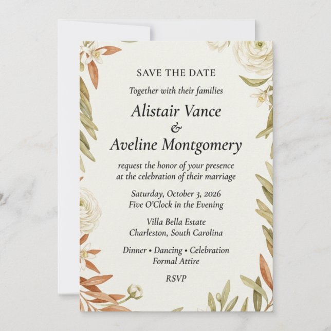 Neutral Olive Branch & Ranunculus Botanical  Invitation (Front)
