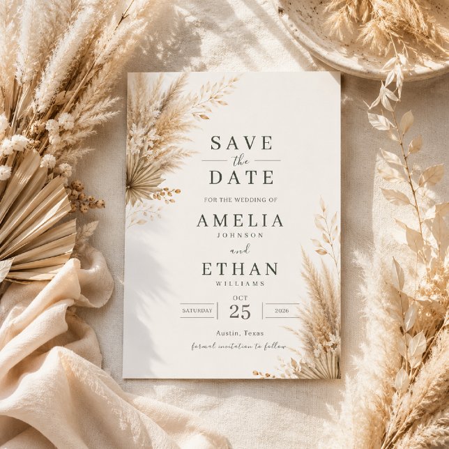 Neutral Pampas Botanical Save the Date Card (Neutral Pampas Save the Date with timeless boho elegance and earthy botanical details.)