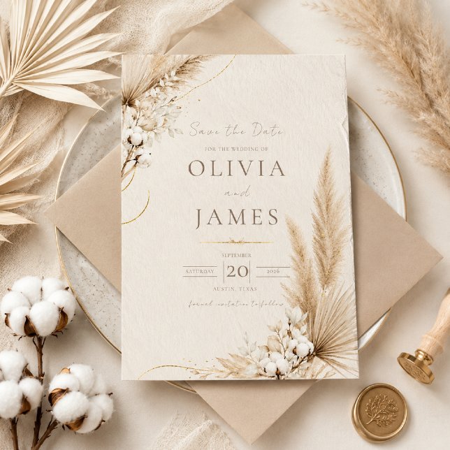 Neutral Pampas Elegance Boho Save the Date Card (Creator Uploaded)