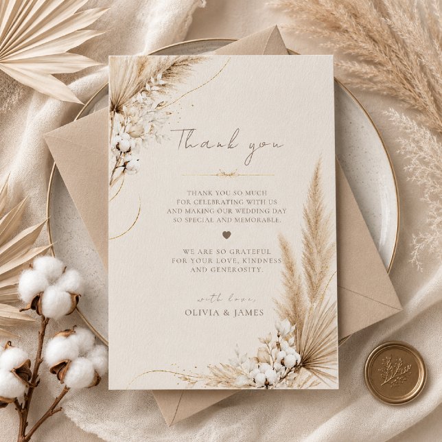 Neutral Pampas Elegance Boho Thank You Card (Creator Uploaded)