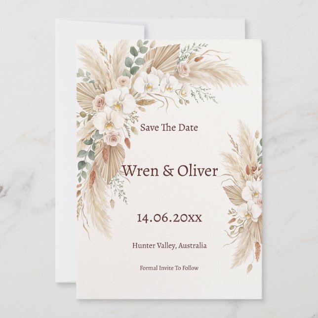 Neutral Pampas Floral Save the Date Card (Front)