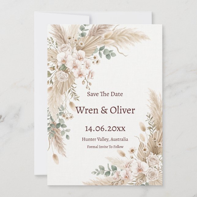 Neutral Pampas Floral Save the Date Card (Front)