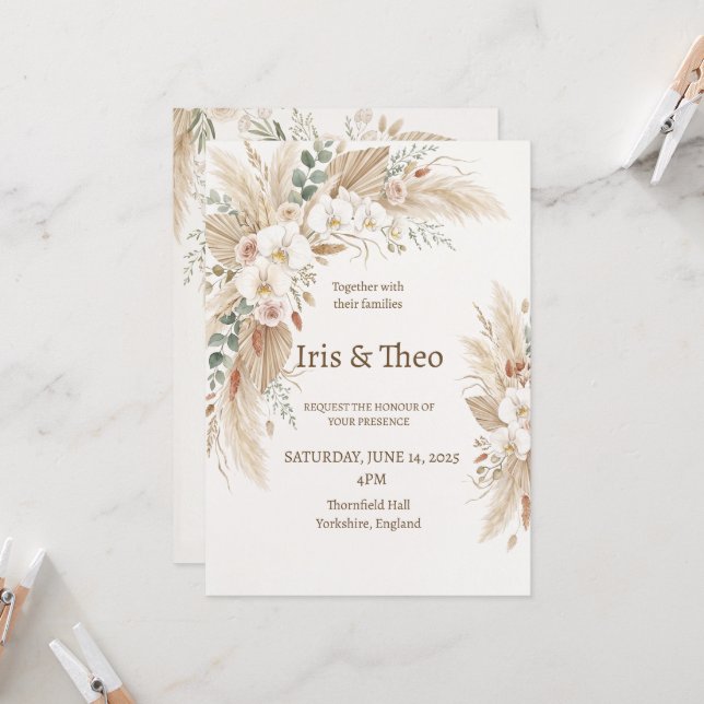 Neutral Pampas Floral Wedding Invitation (Front/Back In Situ)