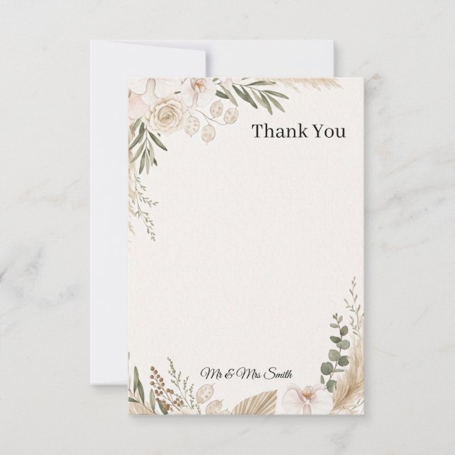 Neutral Pampas Floral Wedding Thank You Card (Front)