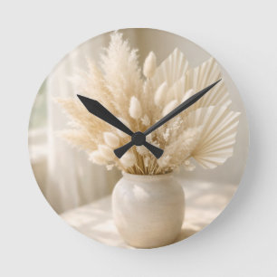Neutral Pampas Grass Boho Arrangement Round Clock