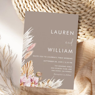 Neutral Pampas Grass Floral Modern Elegant Wedding Invitation