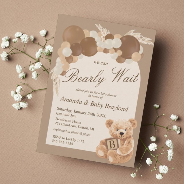 Neutral Pampas Grass Teddy Bear Baby Shower Invitation (Creator Uploaded)