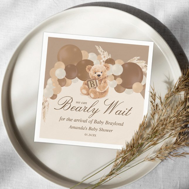 Neutral Pampas Grass Teddy Bear Baby Shower Napkin (Creator Uploaded)