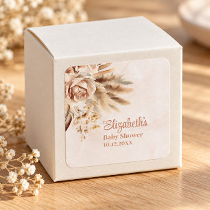 Neutral Pampas Roses Baby Shower Name Design Square Sticker