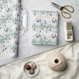 Neutral pastel sage green winter forest reindeer wrapping paper