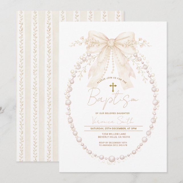 Neutral Pearl Oval Watercolor Girl Christening Invitation (Front/Back)