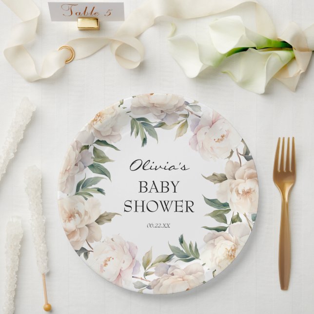Neutral Peony Wreath Garden Baby Shower Paper Plate (Wedding)