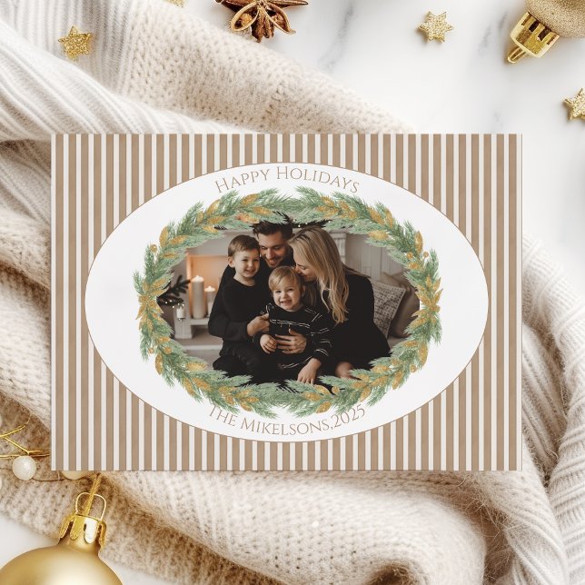 Neutral Pine Wreath Photo Christmas Holiday Card (Creator Uploaded)