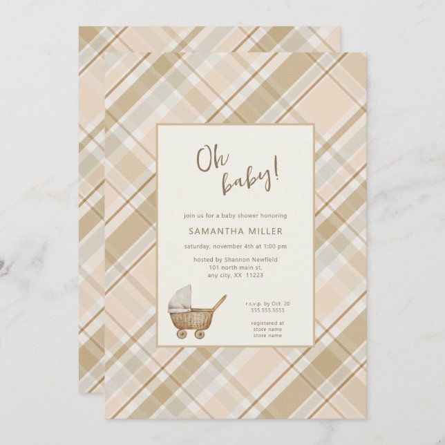 Neutral Plaid baby carriage  Invitation (Front/Back)