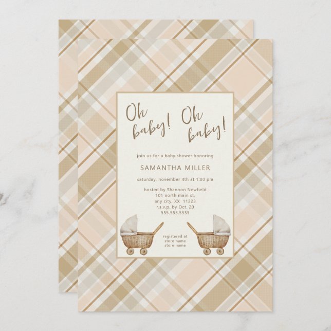 Neutral Plaid carriage twins baby shower  Invitation (Front/Back)