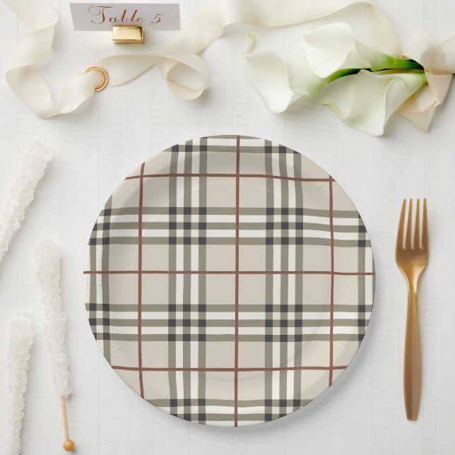 Neutral Plaid Cosy Classic Pattern Paper Plate (Wedding)