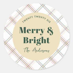 Neutral Plaid Modern Merry & Bright Christmas Classic Round Sticker